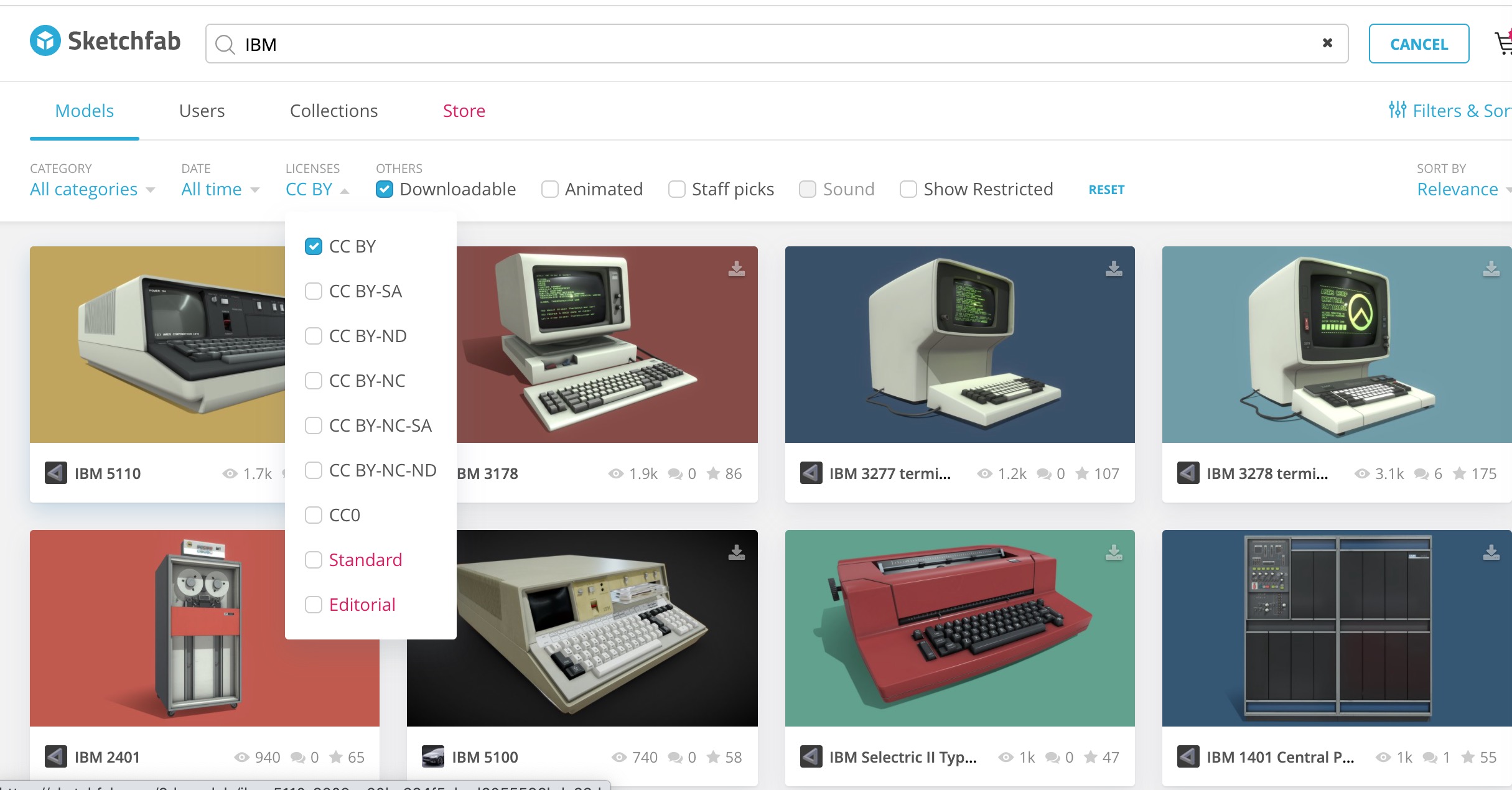 Sketchfab search for IBM and licensed CC-BY