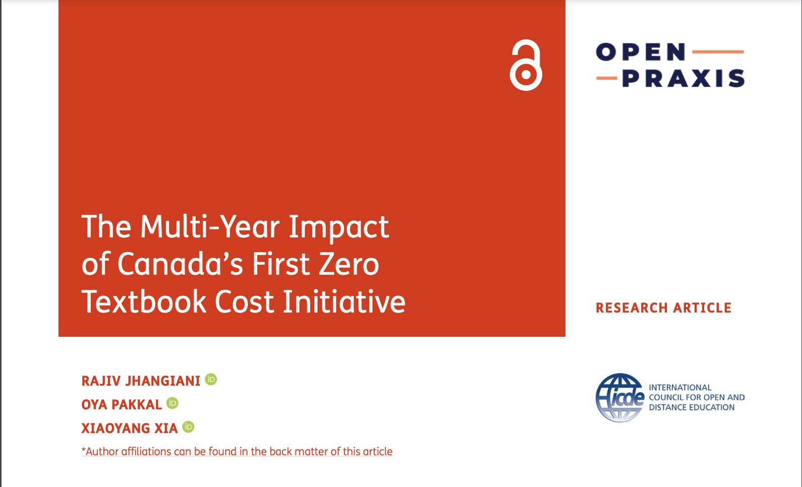 Cover of printed versin of paper from Open Praxis journal titled The Multi-Year Impact of Canada’s First Zero Textbook Cost Initiative.