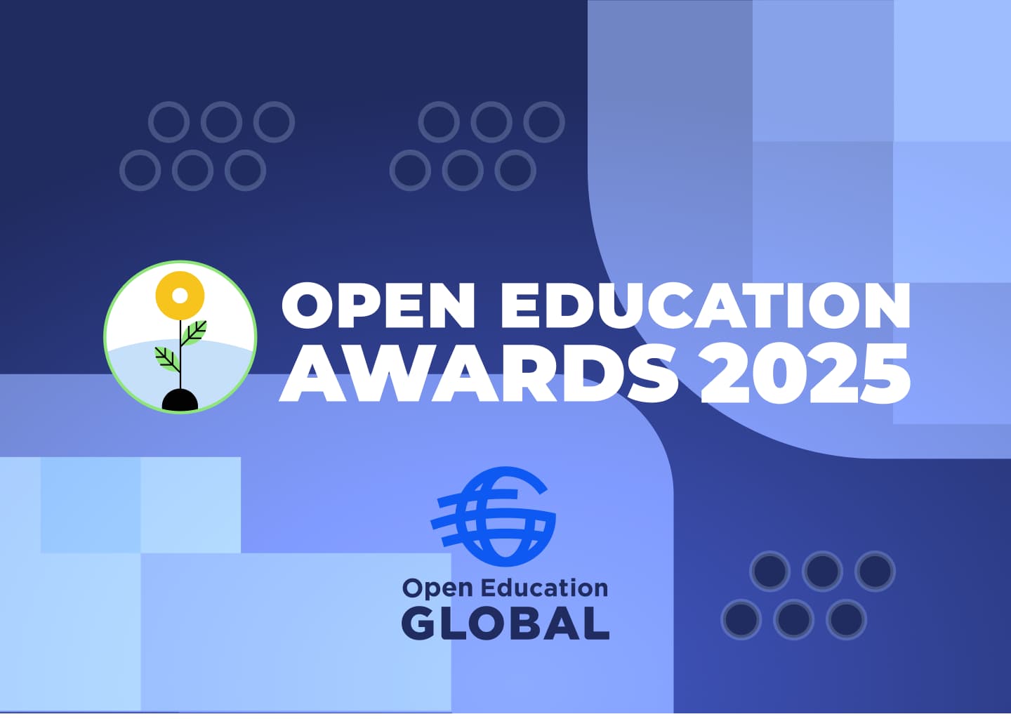 Open Education Awards 2025 text on geometric background shapes and an icon of a small flower