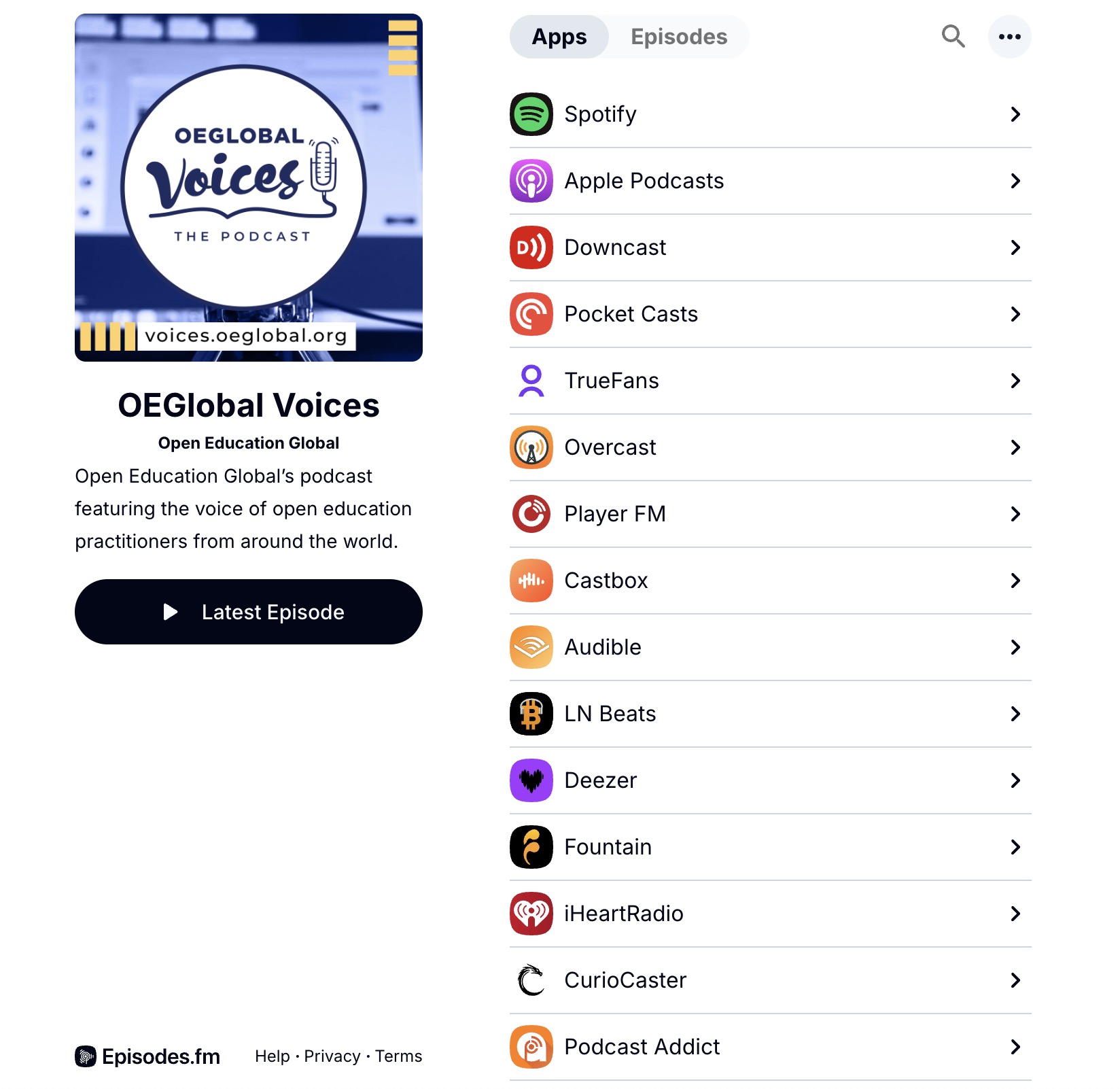 OEGlobal Voices podcast with logo and description on the left, and a long list of podcast apps on the right