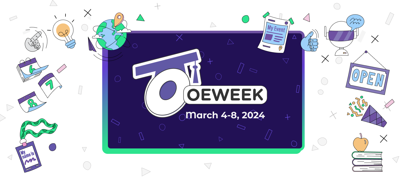 OEWeek March 4-8 logo amongst a cloud of comic style icons representing calendars and openness and education