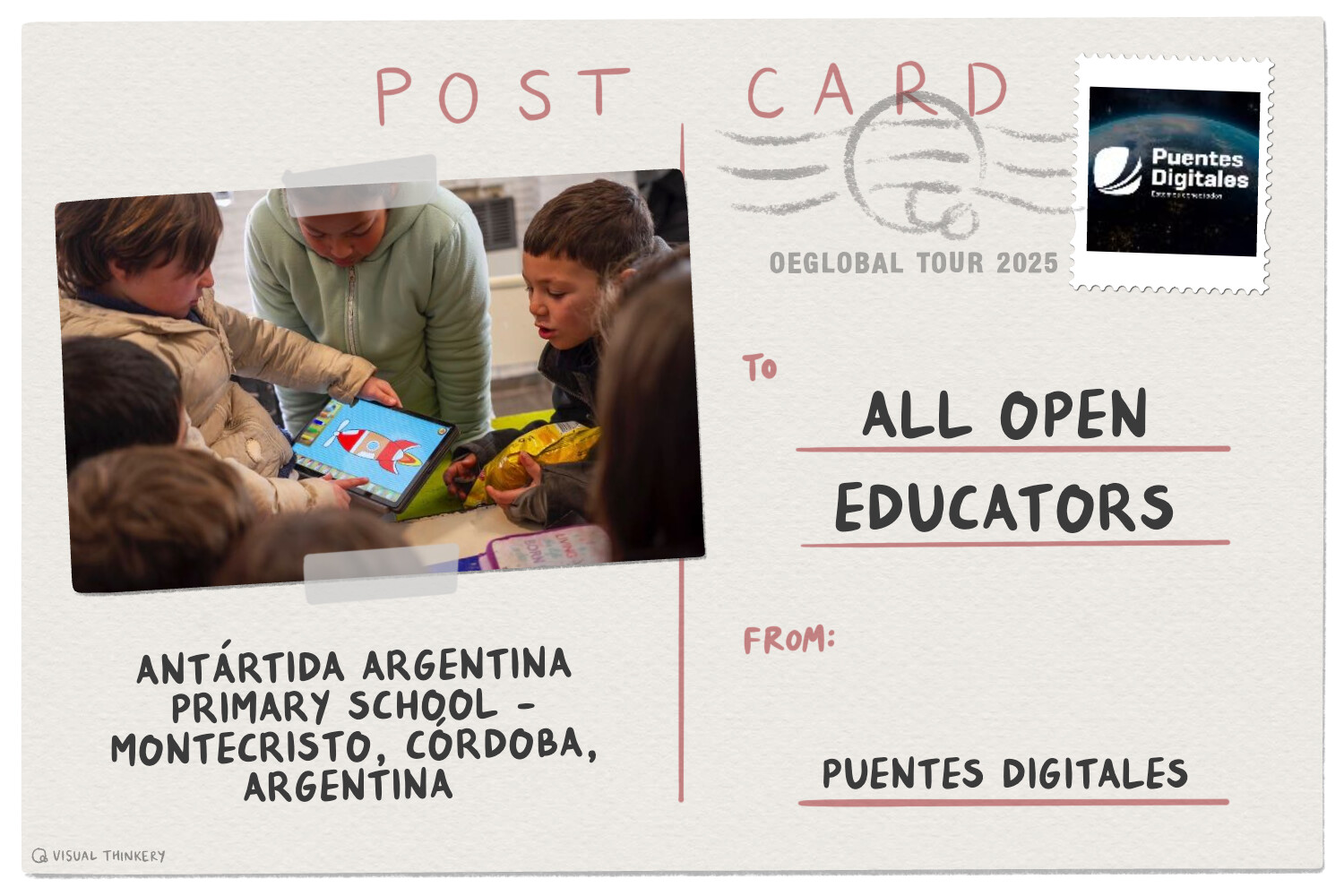 Digital postcard from Puentes Digitales, with a photo of school kids sharing a tablet device at a primary schj=ool in Argentina