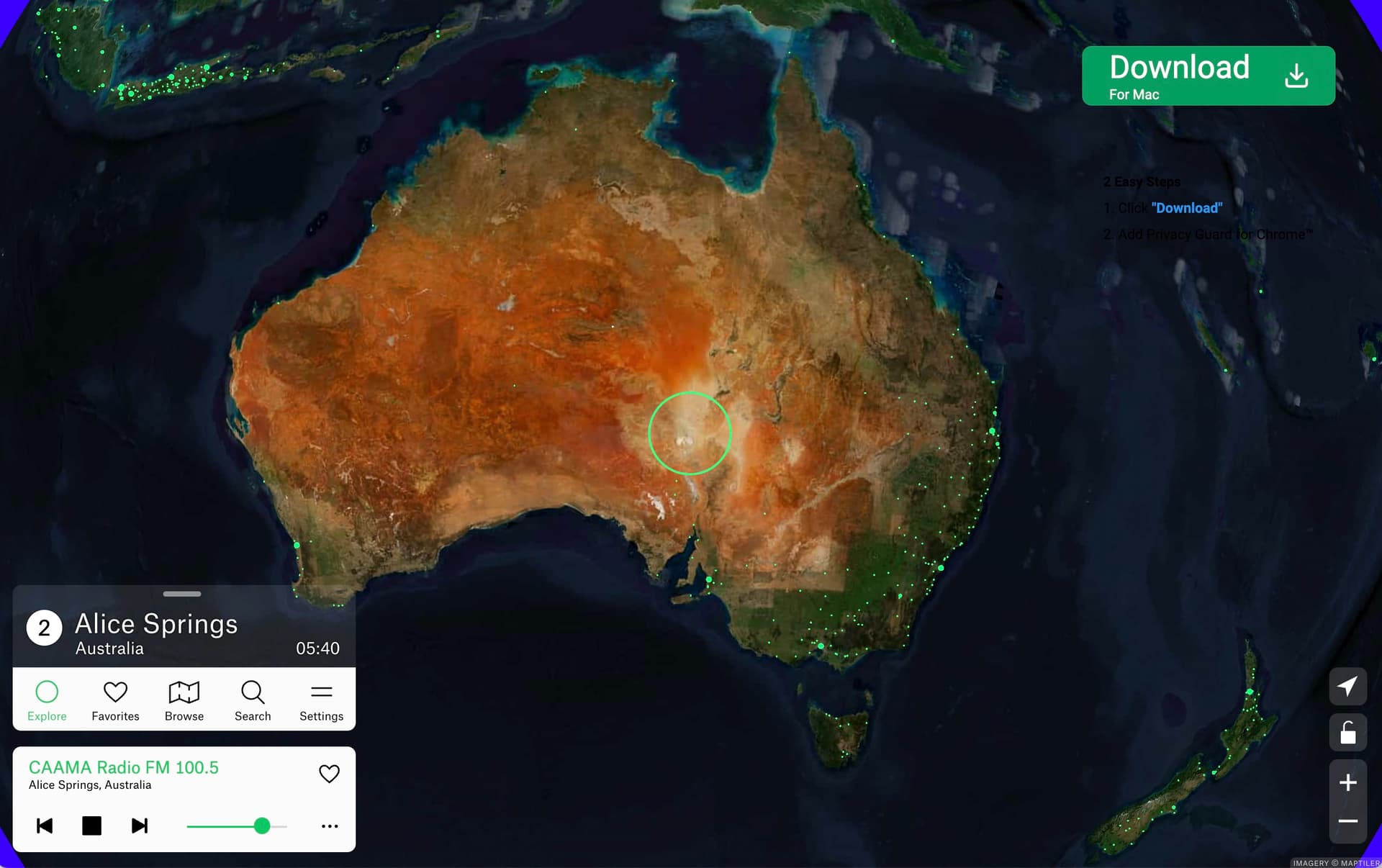 Map of Australia with numerous green dots, mostly in populated areas, each representing an internet radio station