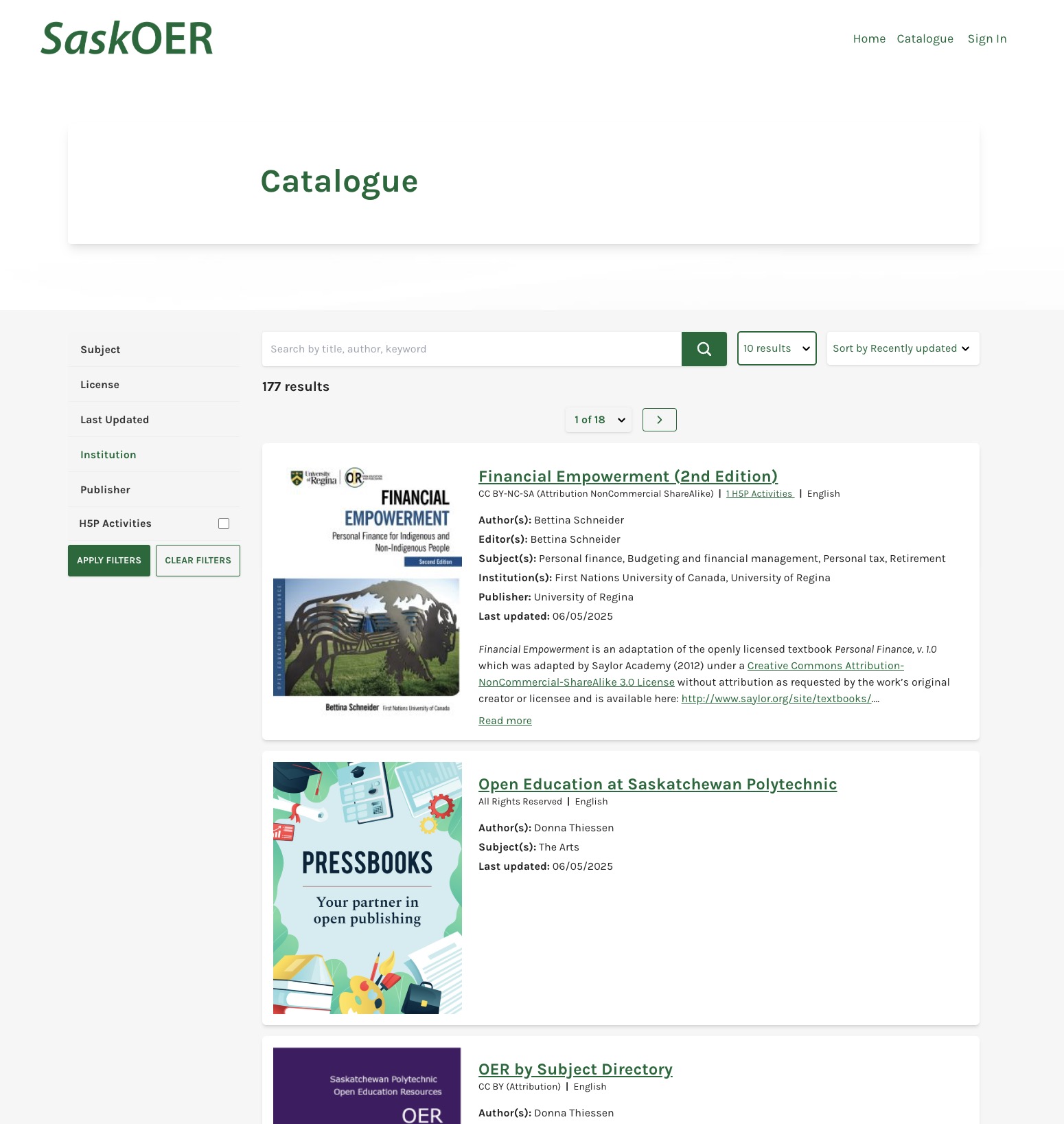 Saskatchewan Open Education Resources catalogue