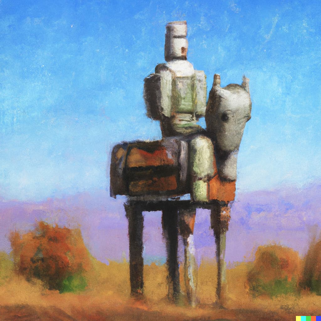 DALL·E generated image based on prompt - A robot sitting on a horse on a western plain Impressionist style