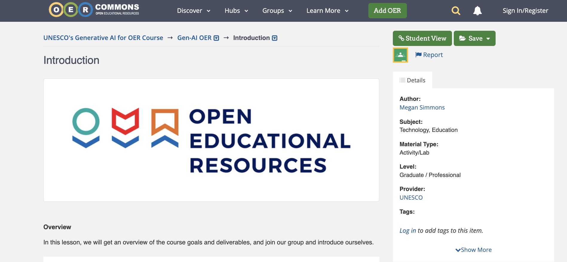 OER Commons course for Generative AI for OER course