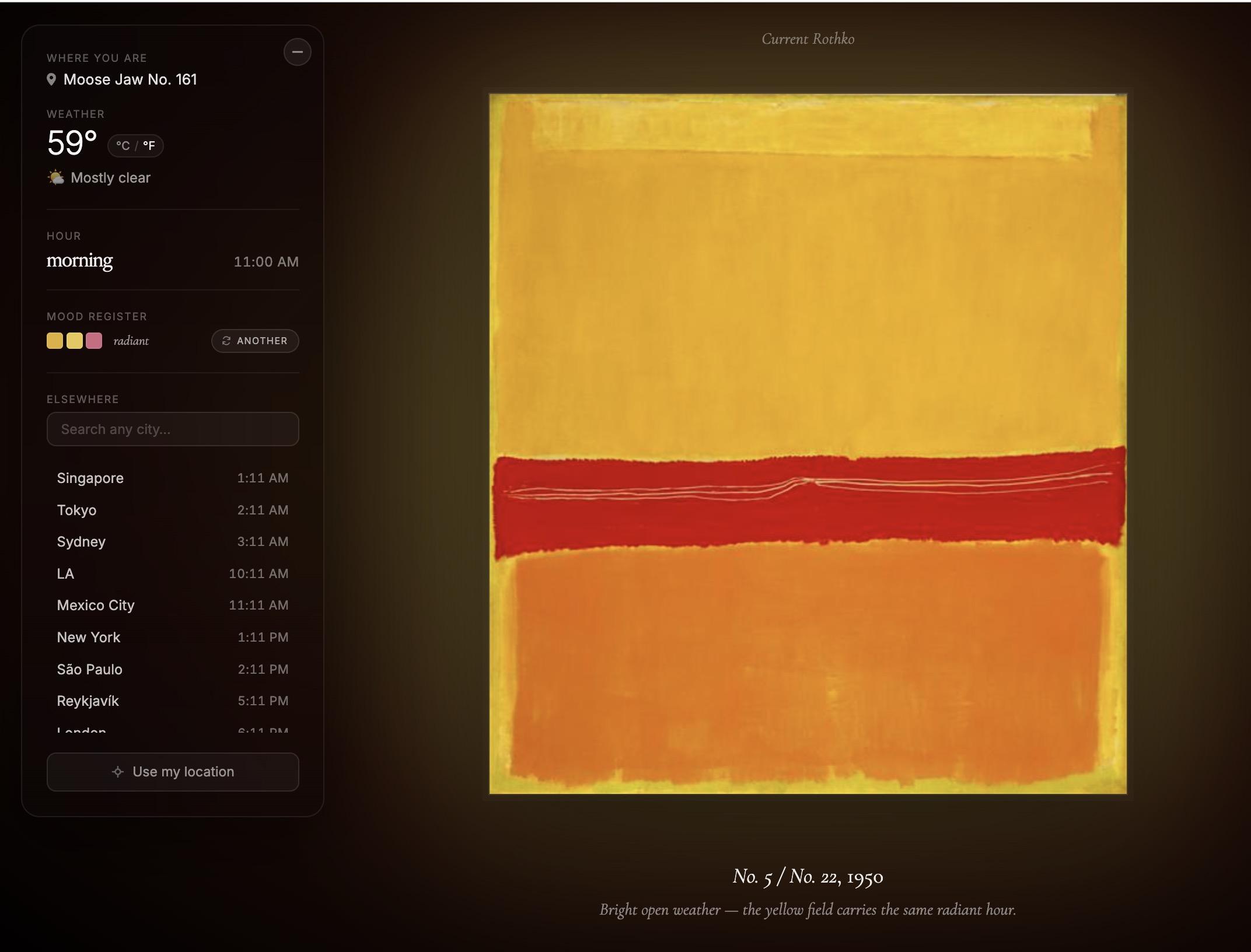 Local weather conditions for Moose Jaw, SK listed in left, 15°C with mood register colors matched on right to abstrat painting of orange lower third, with a red stripe above, and golden yellow at top, the panting is Rothko's No. 5 / No. 22.