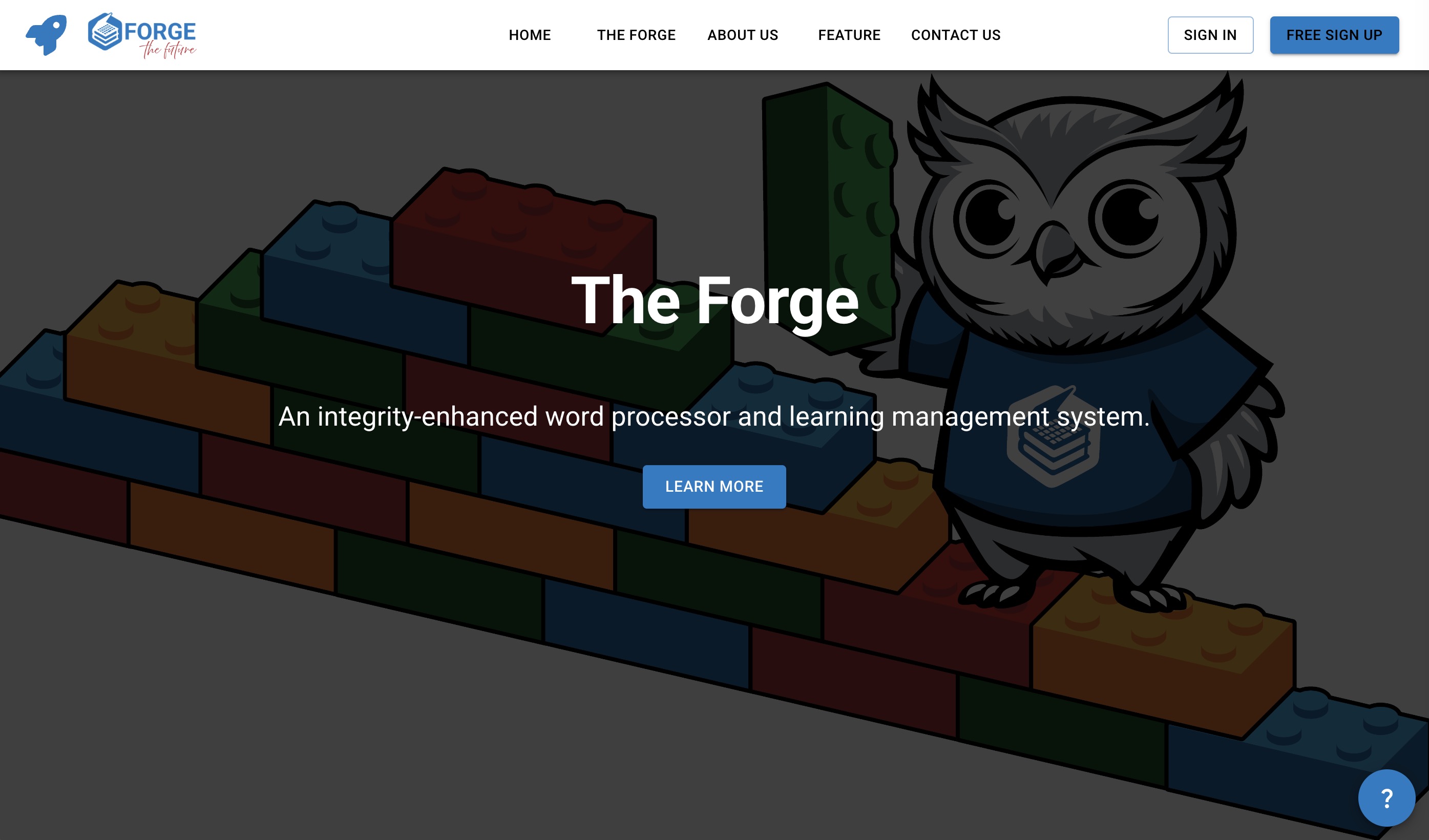 The Forge-- An integrity-enhanced word processor and learning management system. over cartoon image of an owl wearing a LIbreTexts shirt stacking lego bricks