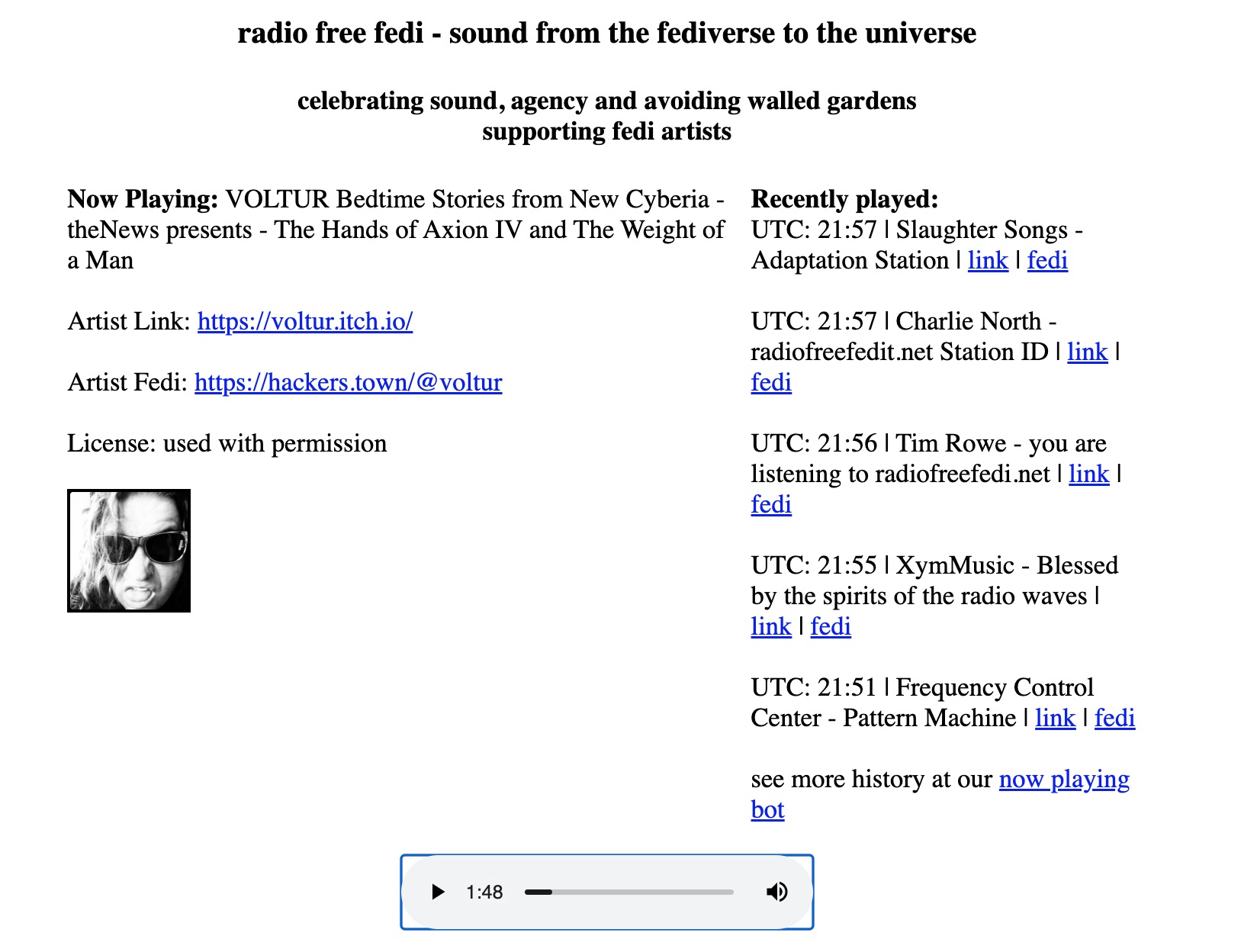 radio free fedi screen wuth current info on music played and an audio player to turn it one