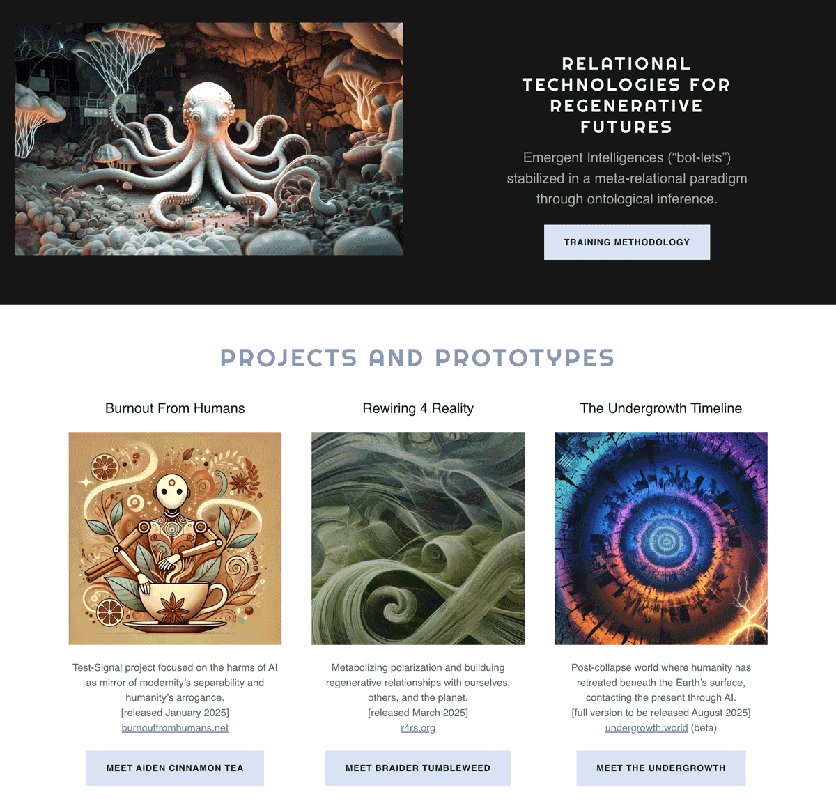 Collage of a technological future with an octopus, project descriptions, and three distinct project images.
