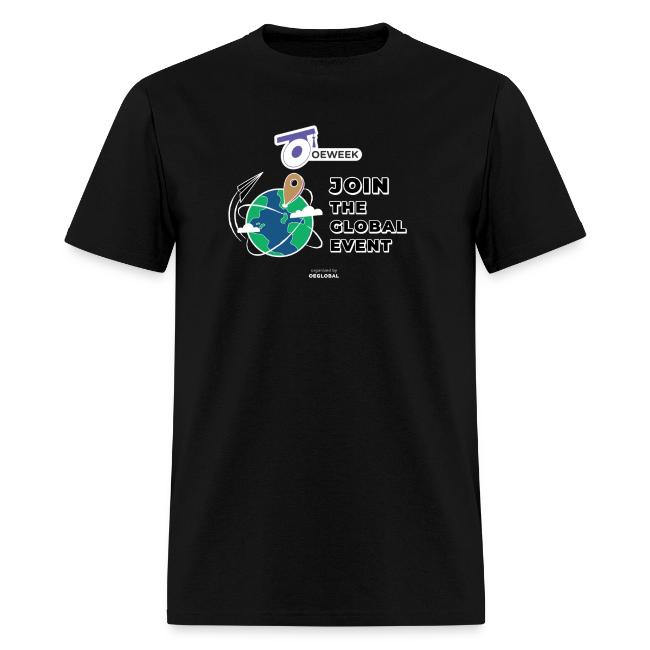 Black t-shirt showing OEWeek logo over a globe with a map pin and text Join the Global Event