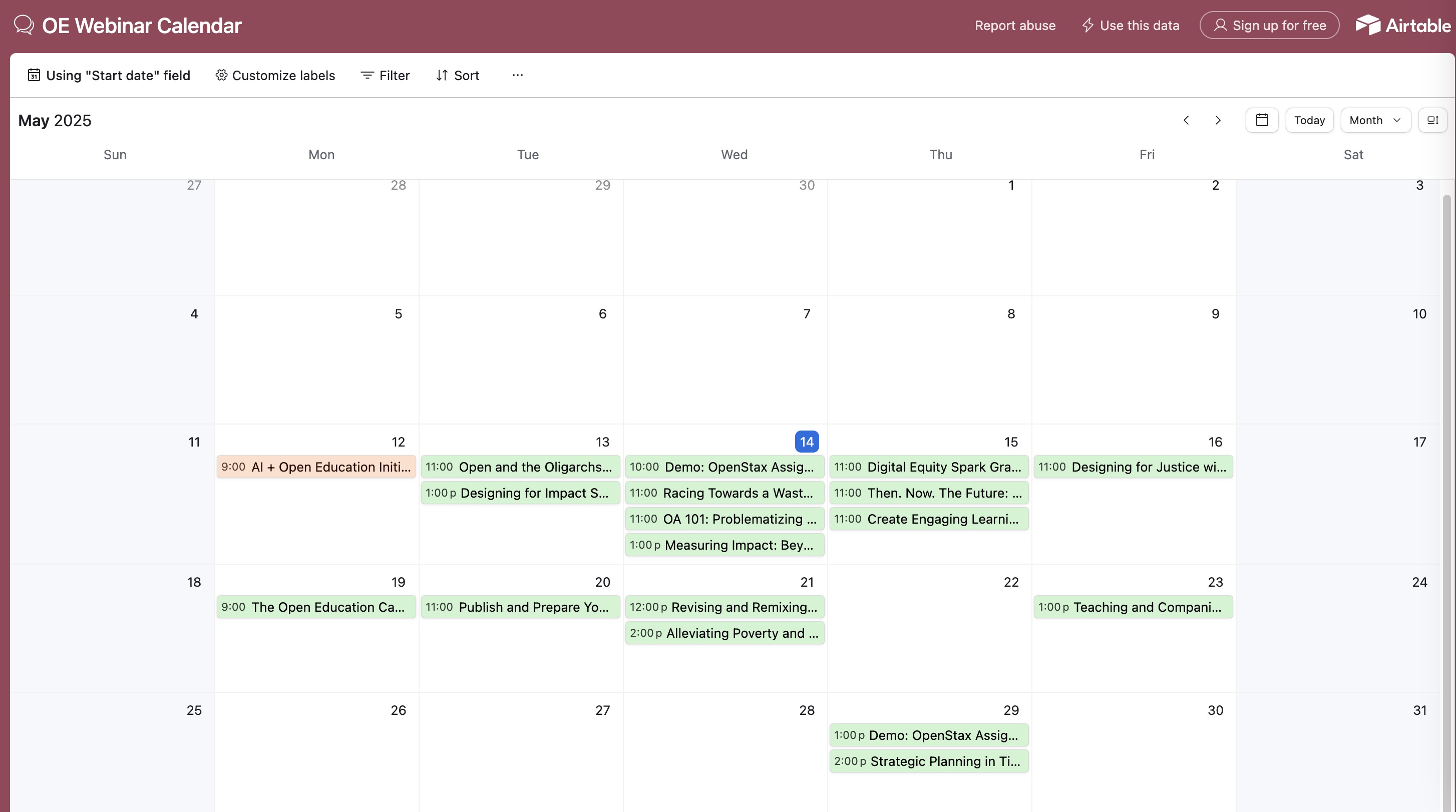 Calender view of education conference events in May 2025