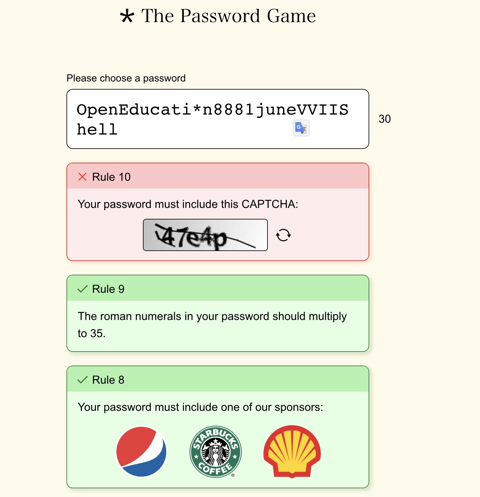 Trying the Password Game! 