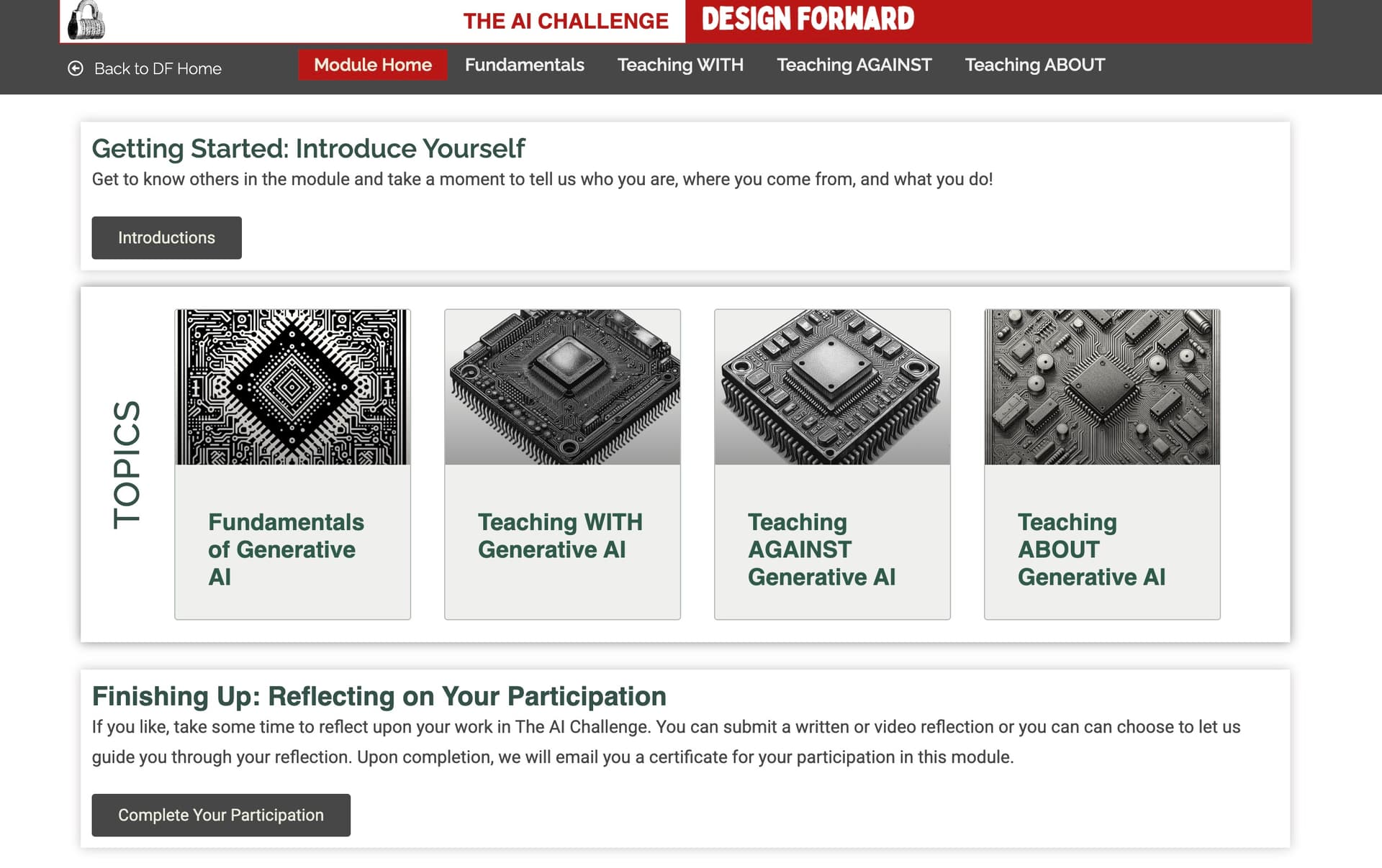 Webpage screenshot of "THE AI CHALLENGE DESIGN FORWARD" featuring navigation links, introduction and topic sections, images of computer chips, and completion instructions.